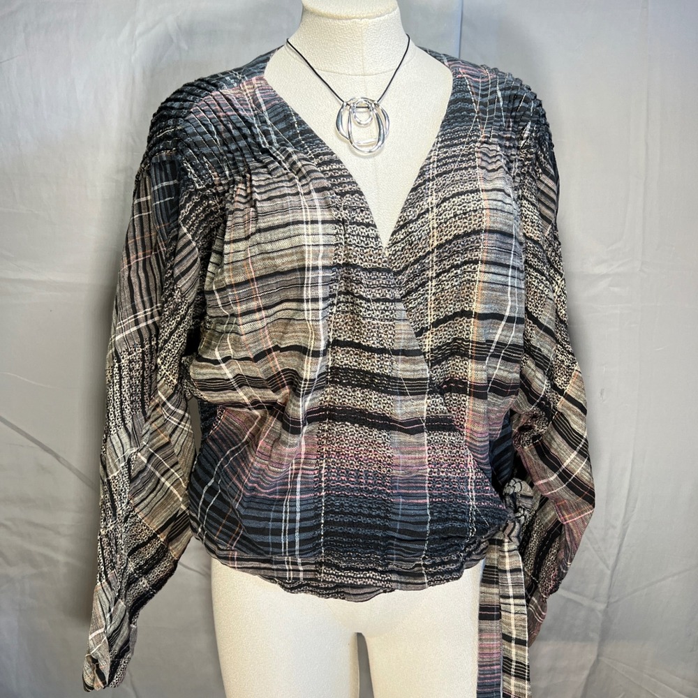 We The Free Plaid Wrap Top Womens Large Cotton Long Sleeve Surplice‎ Boho Blouse